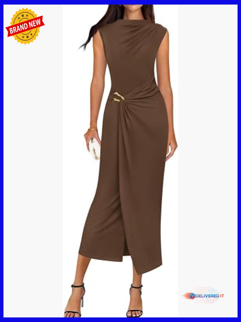 Formal Bodycon Mock Neck Cap Sleeve Midi Dress For Women